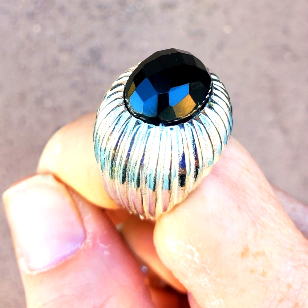 New Unique Huge Faceted Black Spinel Silver Plated Men's Pinky Ring.